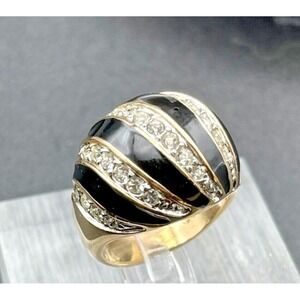 Ana BeKoach Black Enamel & Rhinestone Dome Ring 18K HGE Size 9 Vintage